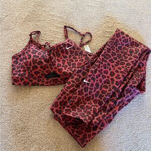 Nike Women's Red and Black Leopard Print Sports Bra and Leggings Set